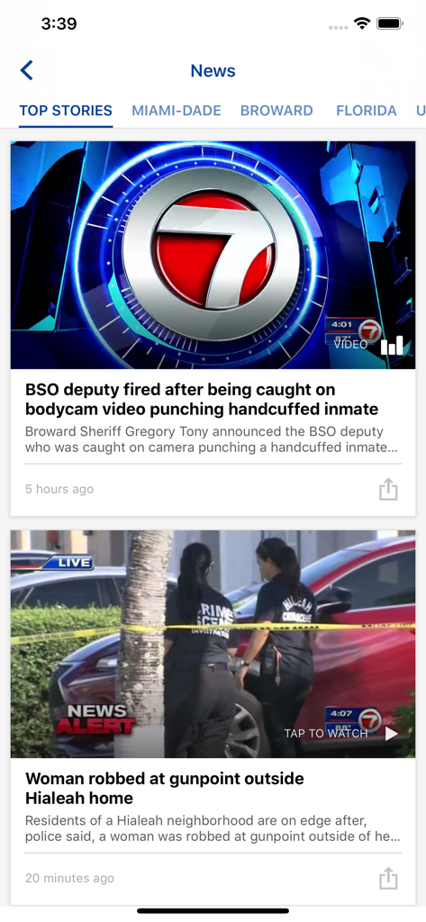 WSVN - 7 News Miami - Screenshot of the WSVN 7 News Miami app top stories feed featuring local breaking news.