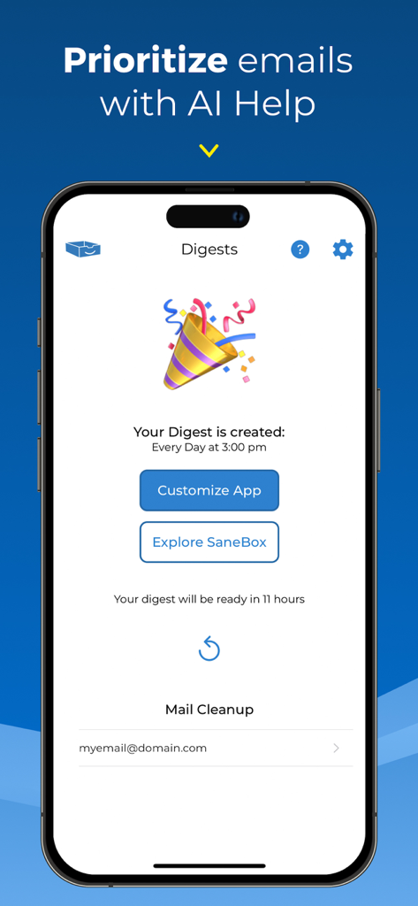 SaneBox mobile app dashboard showing daily email digest settings and prioritization