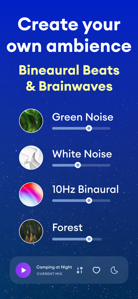 Noise: Green, White, Brown - Sleepo app screen showing sliders to mix green noise white noise and binaural beats for sleep.