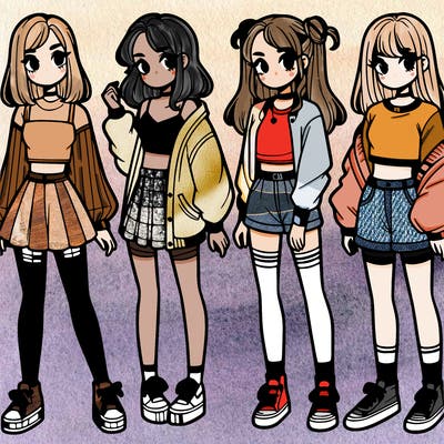 one girl with crop-top shirt and a jacket with a skirt, long socks and another girl with a shirt and pants with a jacket