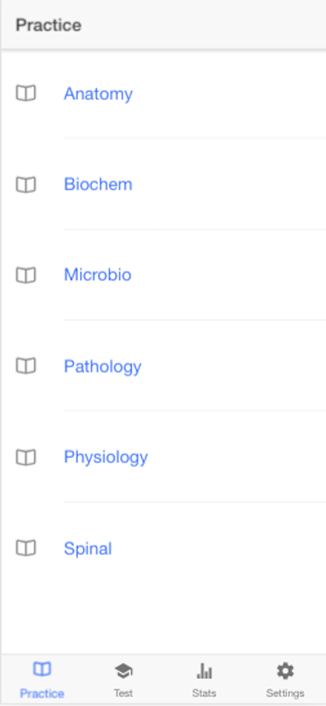 Chiropractic Boards 1 - Interface of the Chiropractic Boards 1 app showing study subjects like Anatomy Biochem and Microbiology.