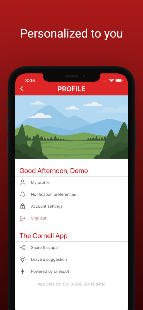 Cornell Student App - User profile and account settings screen of the Cornell Student App showing personalized options.