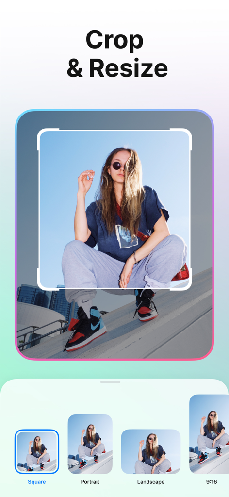 A smartphone screen showing the PhotoCut app crop and resize feature with various aspect ratio presets