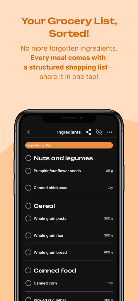 Mealpreper Guide: Plan & Cook! - Um smartphone exibindo uma lista de compras digital categorizada com itens como nozes, cereais e enlatados numa interface de modo escuro.