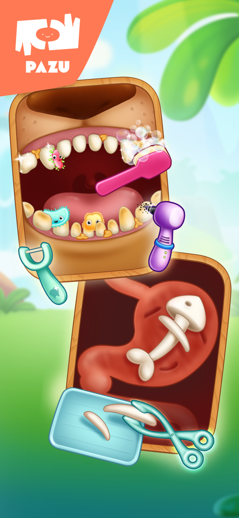 Jungle Vet Care app gameplay showing animal dental cleaning and stomach bone removal mini games