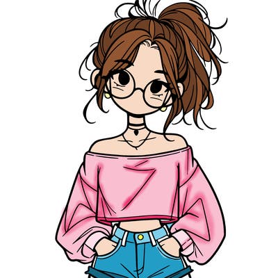 girl with a messy ponytail glasses a baggy crop top and jean shorts