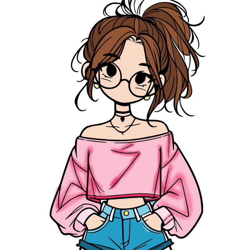 girl with a messy ponytail glasses a baggy crop top and jean shorts