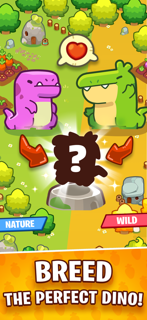 God of World - Cartoon-Dinosaurier auf einem geteilten Bildschirm mit einer Silhouette zum Züchten eines neuen prähistorischen Haustiers und dem Text Züchte den perfekten Dino