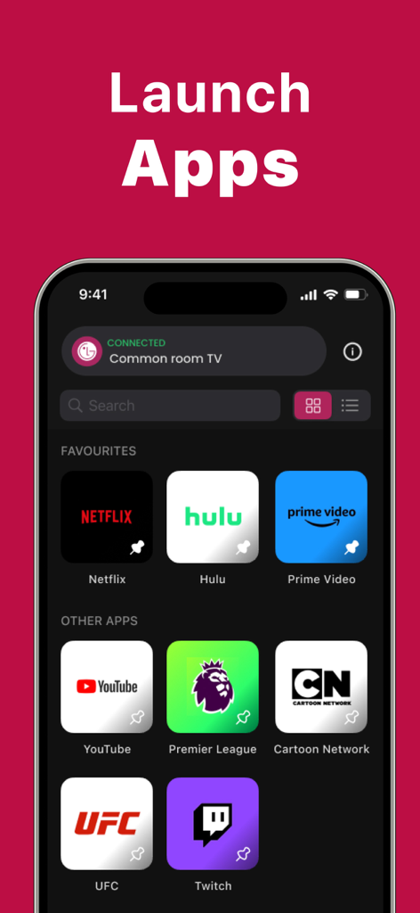 Remote for LG - Interfaccia iPhone che mostra la funzione Avvia App per una TV LG con icone per Netflix Hulu e YouTube