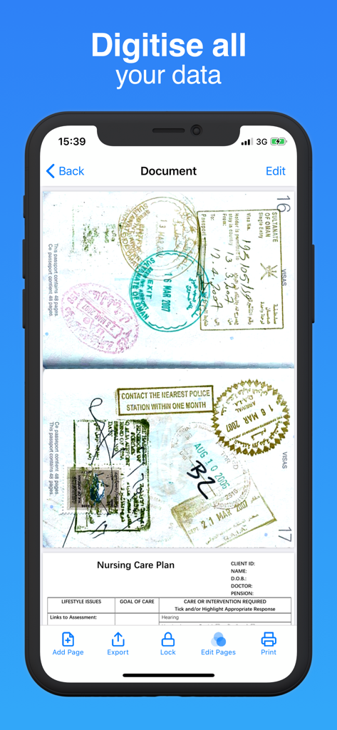 Document Scanner · Scan to PDF - スキャンされたパスポートページと看護ケアプランが表示されたドキュメントスキャナーアプリを示すiPhone。
