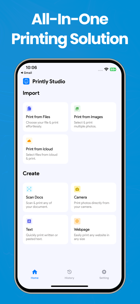 Smart Printer App & Scanner ´ - Pantalla de smartphone mostrando el panel de una aplicación de impresora con opciones para imprimir archivos, escanear documentos e imprimir desde la web