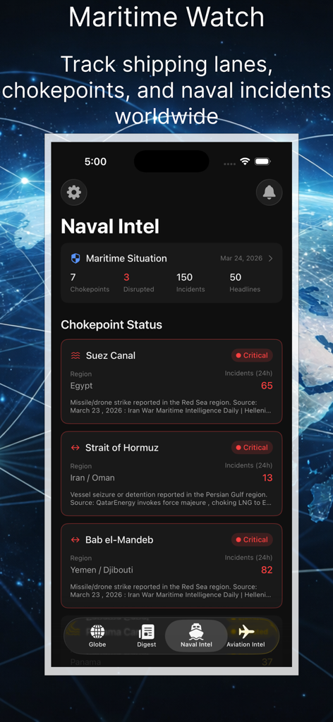 Atlas : Global Intelligence - Mobile app interface of Atlas Global Intelligence showing naval intelligence and critical maritime chokepoint status