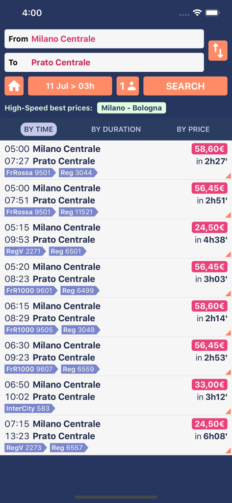 Trenìt! - find Trains in Italy - Search results for trains from Milano to Prato in the Trenit app showing schedules and prices