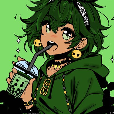 hot baddie anime girl drinking boba and biting the straw