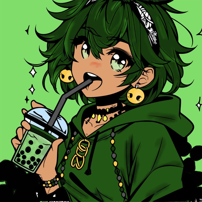 hot baddie anime girl drinking boba and biting the straw