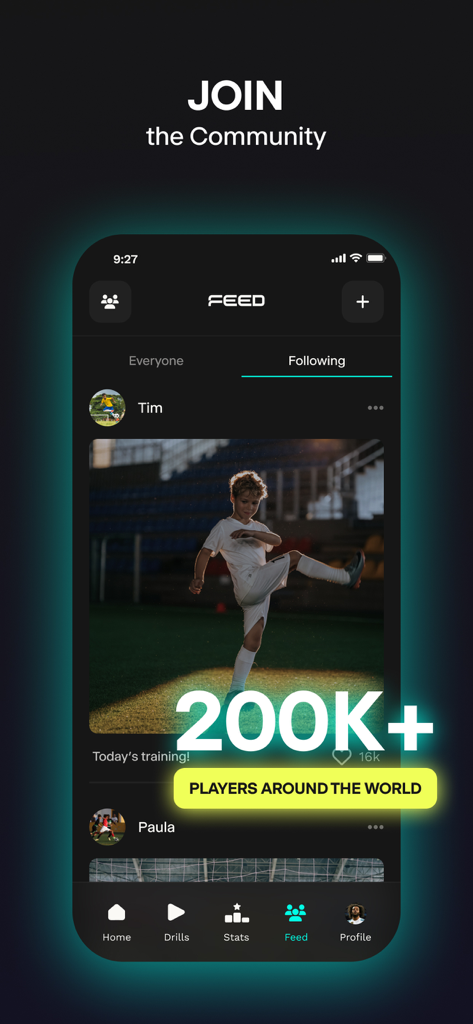 FPRO: Train football at home - Flux communautaire de l'application d'entraînement de football FPRO montrant la communauté mondiale de joueurs avec plus de 200 000 joueurs