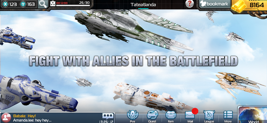 A fleet of massive space arks flying in a blue sky with the text Fight with allies in the battlefield.