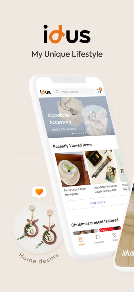 idus - Handmade Marketplace - idusモバイルアプリのインターフェース。ユニークな韓国製ハンドメイドのライフスタイル製品とアクセサリーを表示。