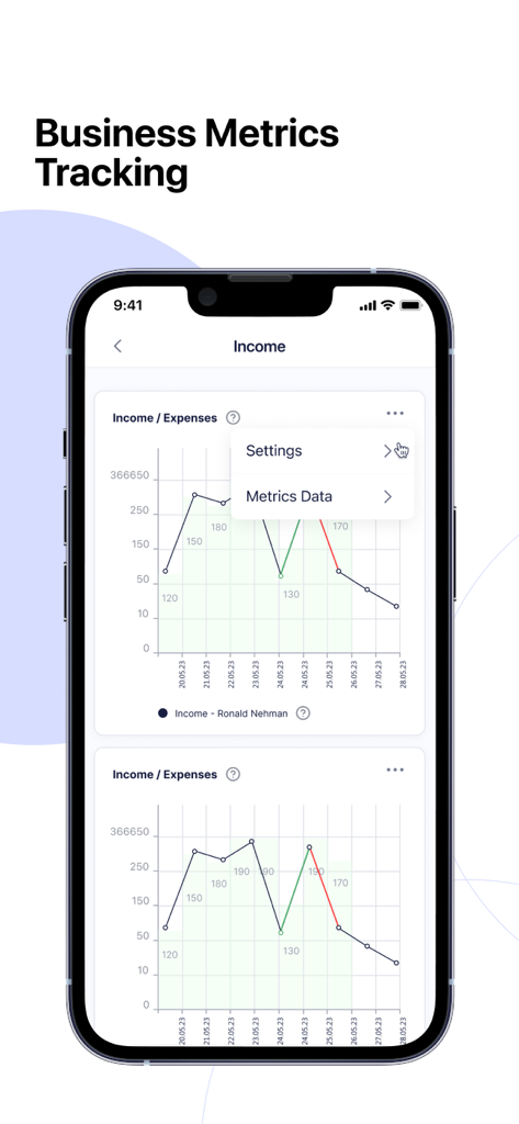 Interfaz de la aplicación Business Booster Platform que muestra un gráfico de ingresos y gastos para el seguimiento de métricas empresariales.
