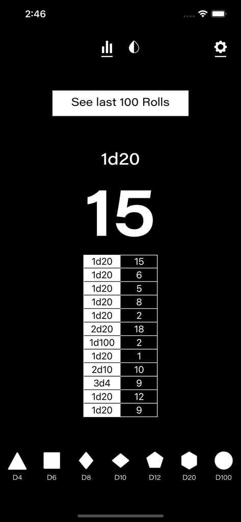 Minimalist dark interface of D20 Dice Simulator showing a roll result and history list.
