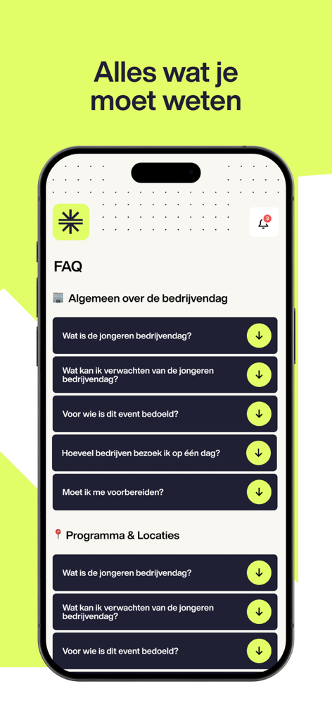 Tomorrow Talents - The FAQ screen of the Tomorrow Talents app showing questions about youth career events and programs