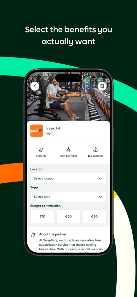 Alleo - Alleo app interface for selecting personalized employee benefits like gym memberships