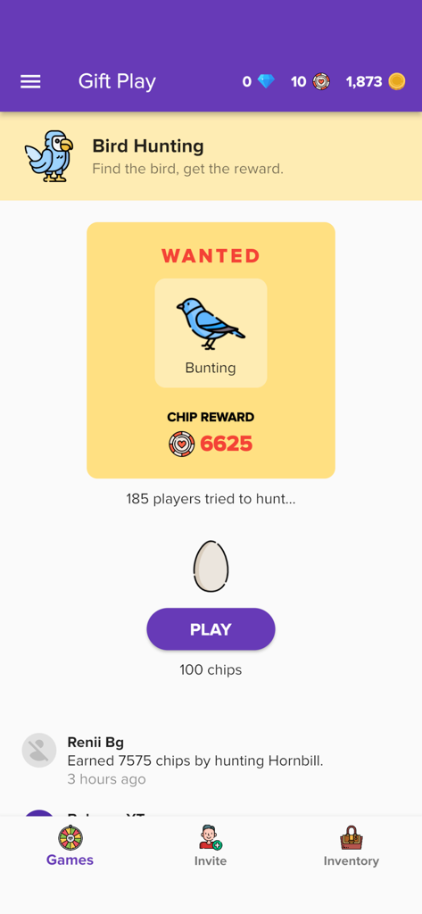 Gift Play - Earn Gift Cards - Interfaz del minijuego de Caza de Pájaros en la aplicación Gift Play con un póster de pájaro buscado y recompensas de fichas.