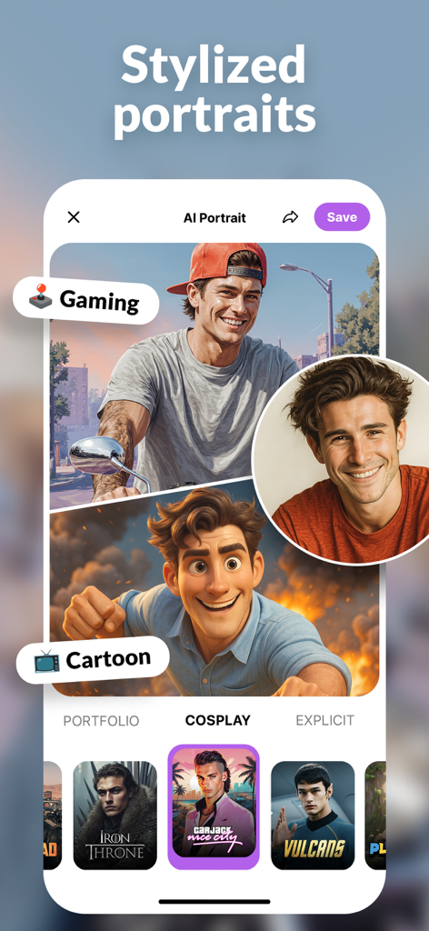 AI Video Photo・DreamPix Editor - 男性がゲームやカートゥーンスタイルに変身したAIポートレートエディタ画面