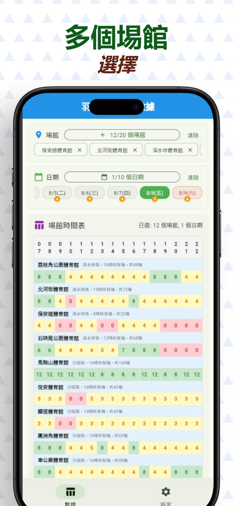 Mobile app interface showing color-coded real-time court availability for multiple sports centers in Hong Kong