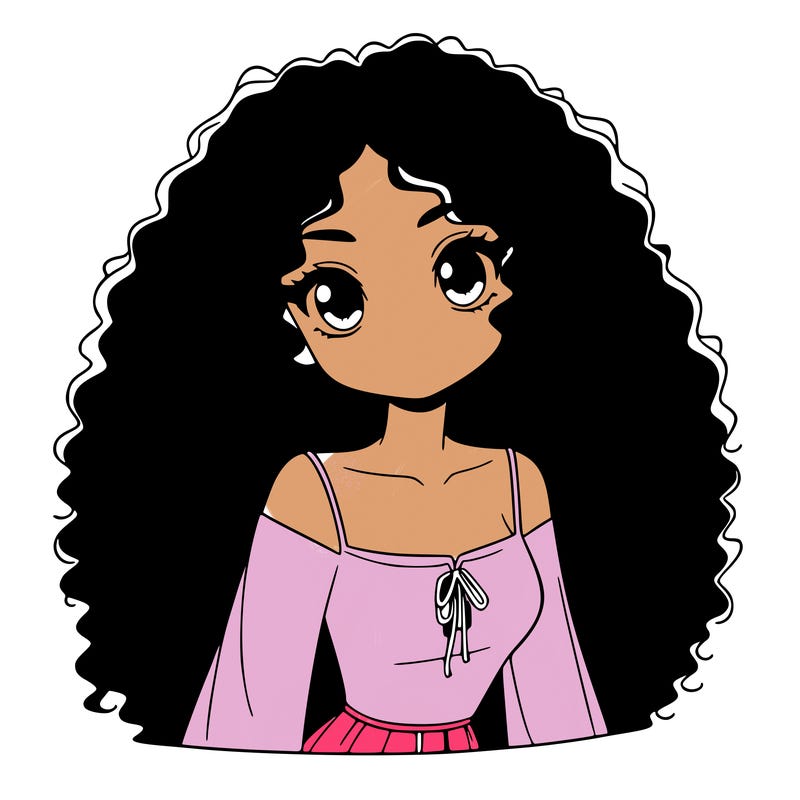 a black anime girl with long afro hair