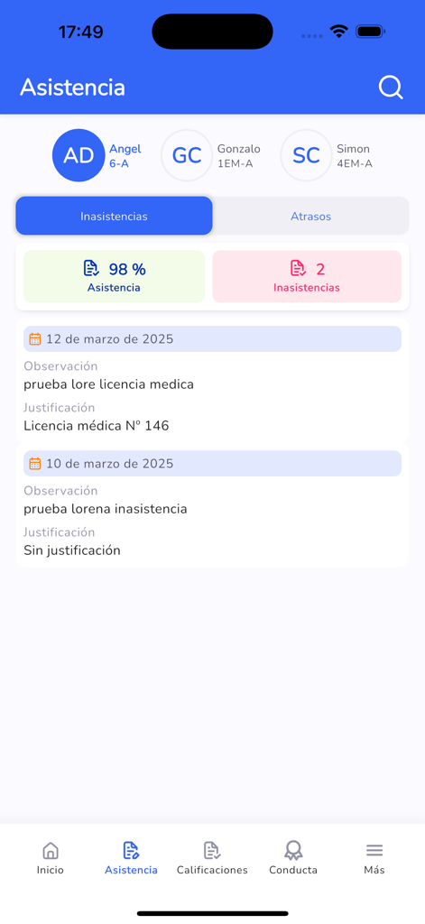 SchoolNet - Aplicación móvil SchoolNet que muestra las tasas de asistencia de los estudiantes y los registros de ausencias