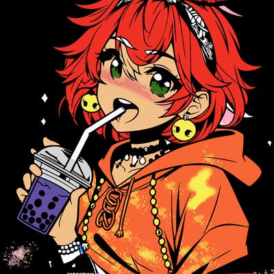 hot baddie anime girl drinking boba and biting the straw