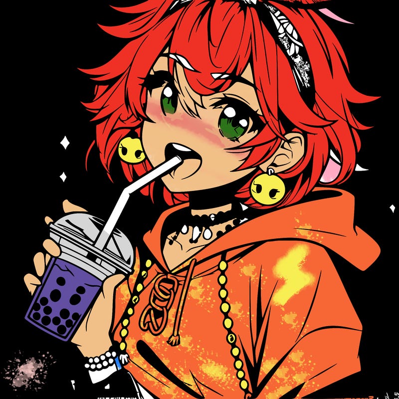 hot baddie anime girl drinking boba and biting the straw