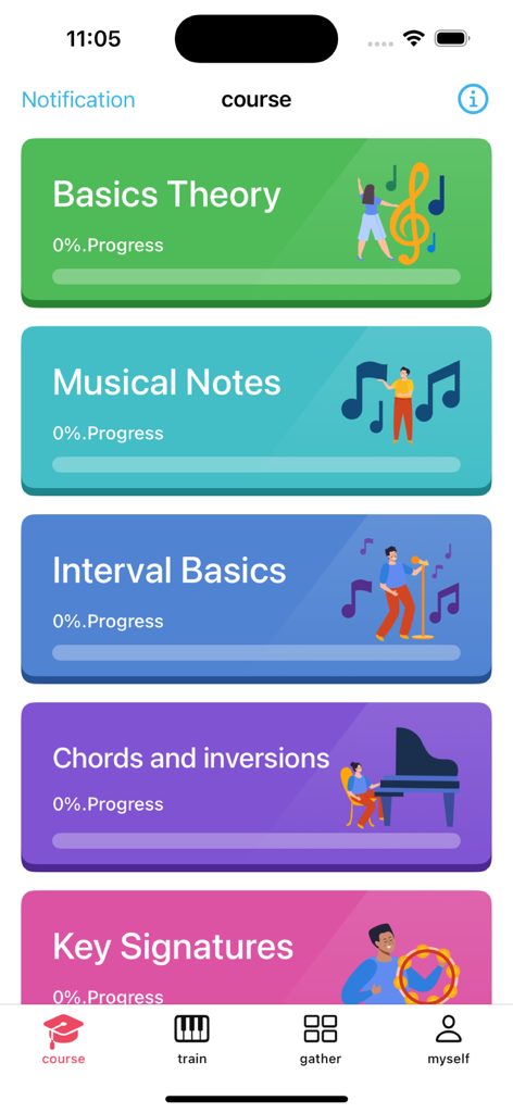 The course selection screen in the Teach Note app displaying modules for music theory, notes, and chords.