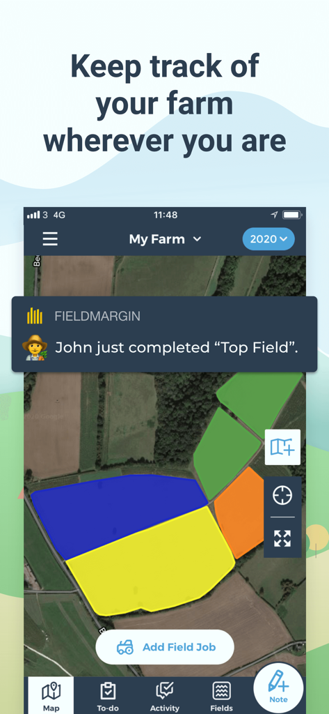 Interfaccia dell'app mobile che mostra una mappa satellitare dei campi agricoli con una notifica per un lavoro sul campo completato