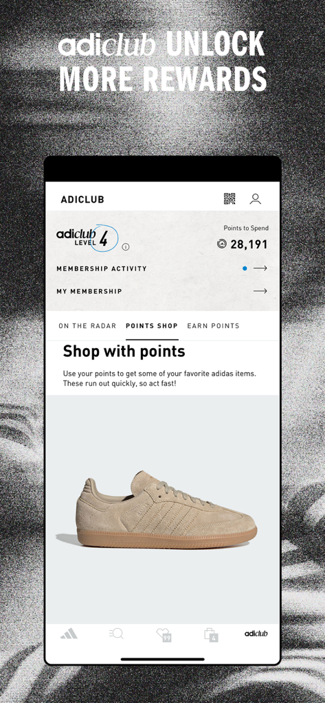 adidas: Shop Shoes & Clothing - Schermata adiClub dell'app Adidas che mostra il livello di iscrizione quattro e il negozio di punti premio