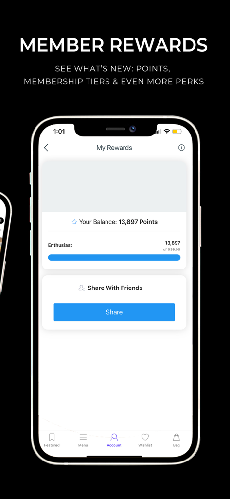 Bombshell Sportswear. - Bombshell Sportswear mobile app showing the Member Rewards screen with loyalty points balance and enthusiast tier status.