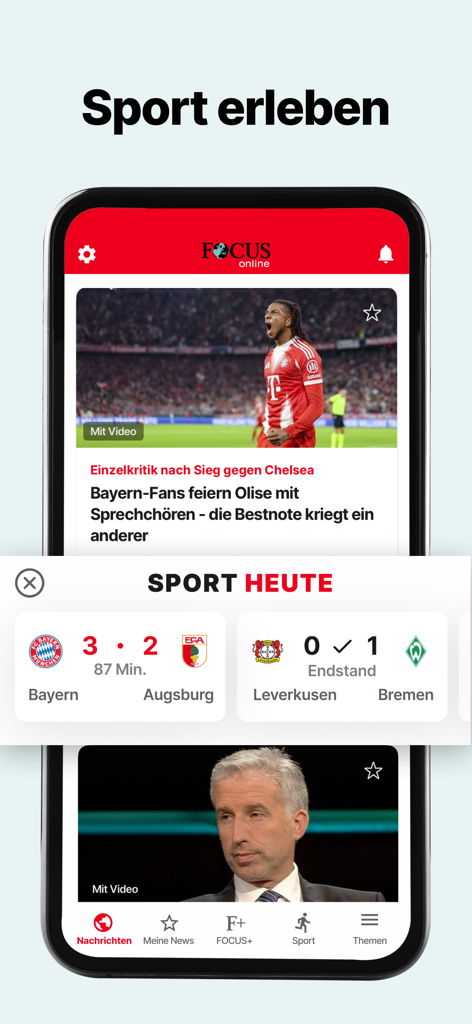 FOCUS online Nachrichten - FOCUS online Nachrichten app sports interface with live soccer scores and news