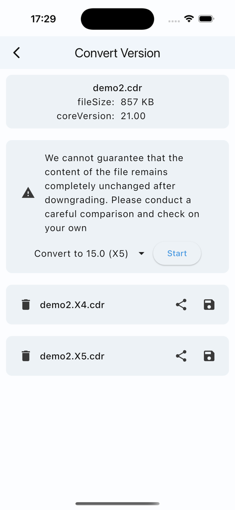 Mobile interface showing CorelDraw file version conversion from version 21 to X5 in the CDR Viewer Plus app