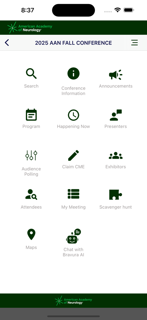 AAN Conferences - Panel de la aplicación Conferencias AAN que muestra iconos de menú para el programa de la conferencia de otoño de 2025 y créditos CME