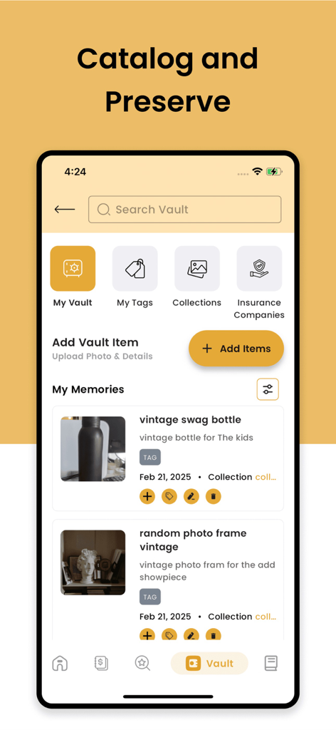 WorthPoint app vault interface showing cataloged vintage items and collection management tools