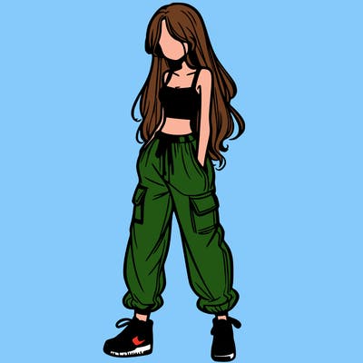 girl in baggy pants crop top and long hair