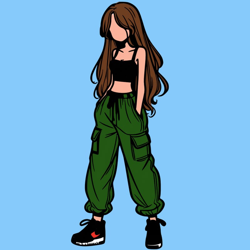 girl in baggy pants crop top and long hair