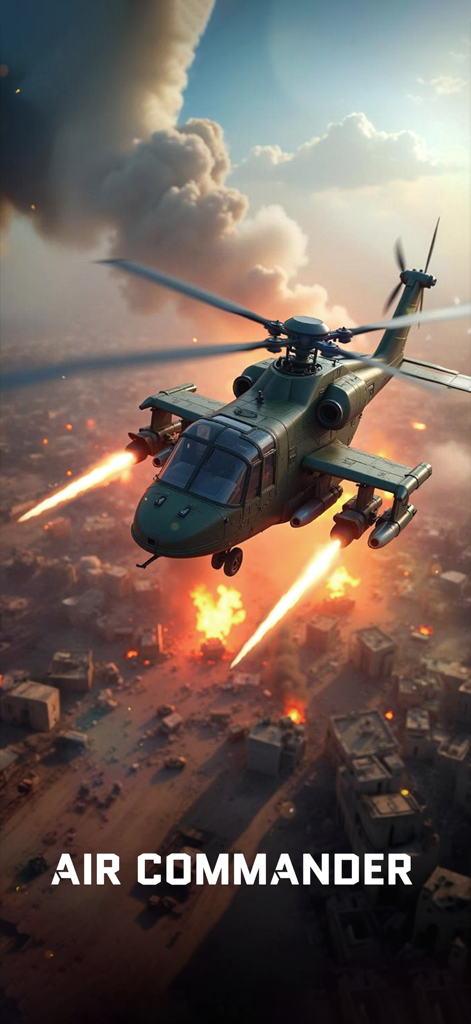Air Commander: AC-130 Shooter - Un helicóptero de combate militar disparando armas sobre un paisaje urbano devastado por la guerra.