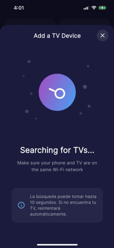 Remote control all TV - Una pantalla de la aplicación de control remoto buscando televisores inteligentes cercanos en la misma red Wi-Fi.