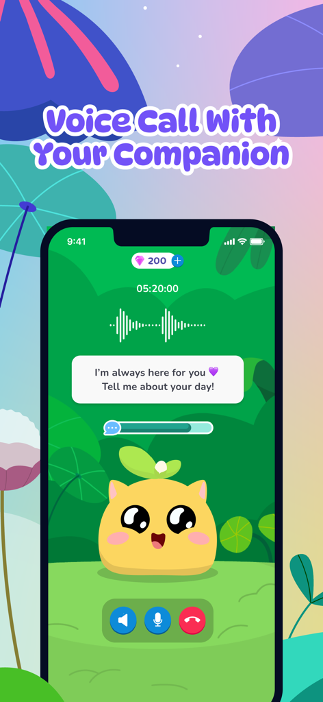 AI Companion Talking Pet - Emy - Voice call interface in the Emy AI companion app featuring a cute talking pet