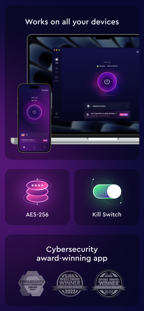 ClearVPN application interface on iPhone and MacBook showing encryption features and cybersecurity awards