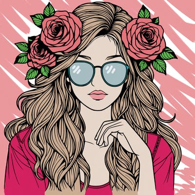 realistic girl with roses in hair and sunglasses