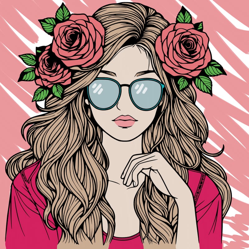 realistic girl with roses in hair and sunglasses