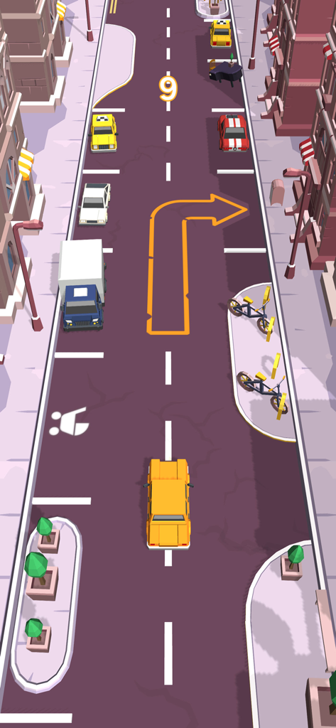 Vue de dessus d'une voiture jaune naviguant dans une rue de la ville pour se garer dans un espace désigné